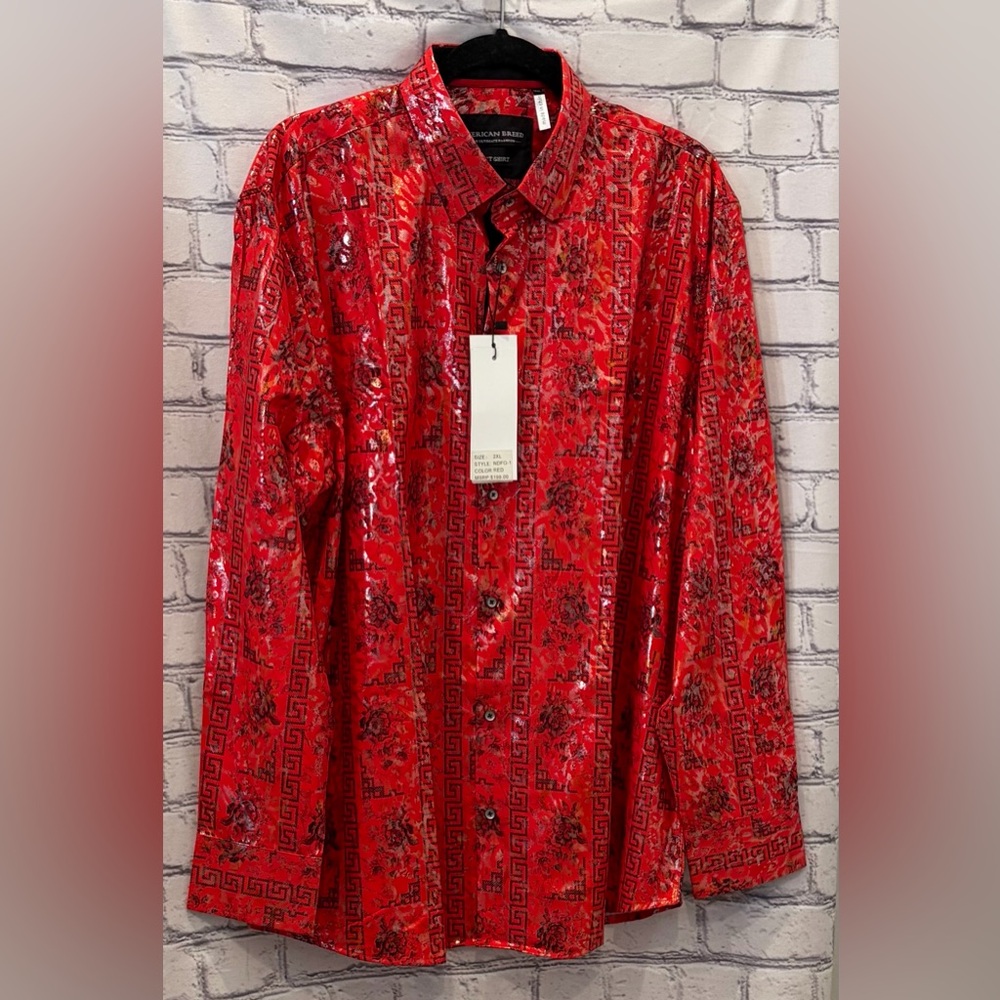 American Breed:2XL Men Red Patterned Button-Up Shirt